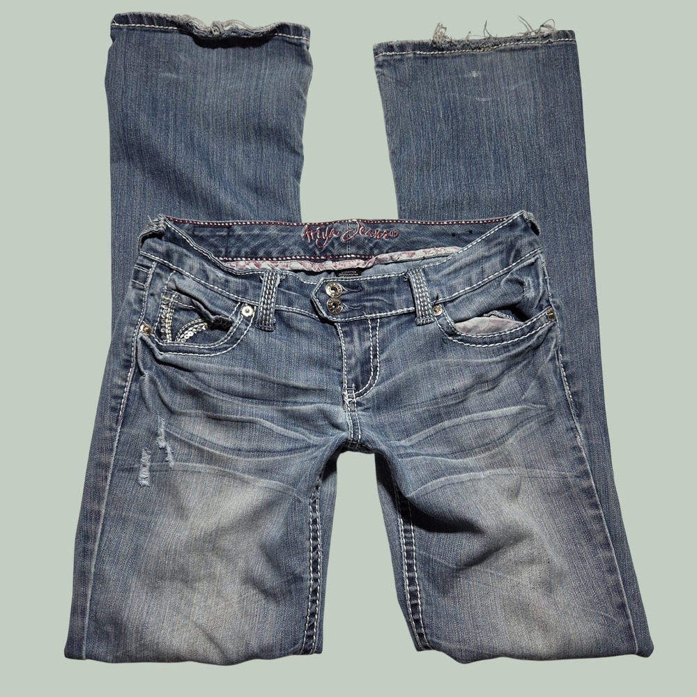 Ariya Jeans Womens 5/6 Blue Medium Wash Super Low Rise Bootcut Y2K Distressed